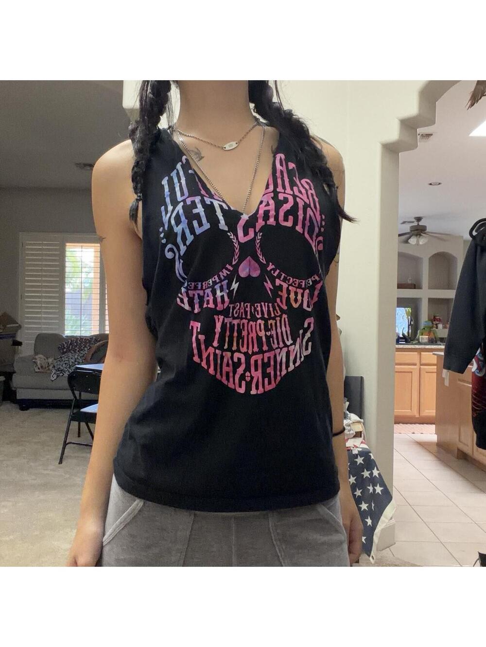Super Cute Y2K Beautiful Disaster Skull Cut-Out Back Tank!